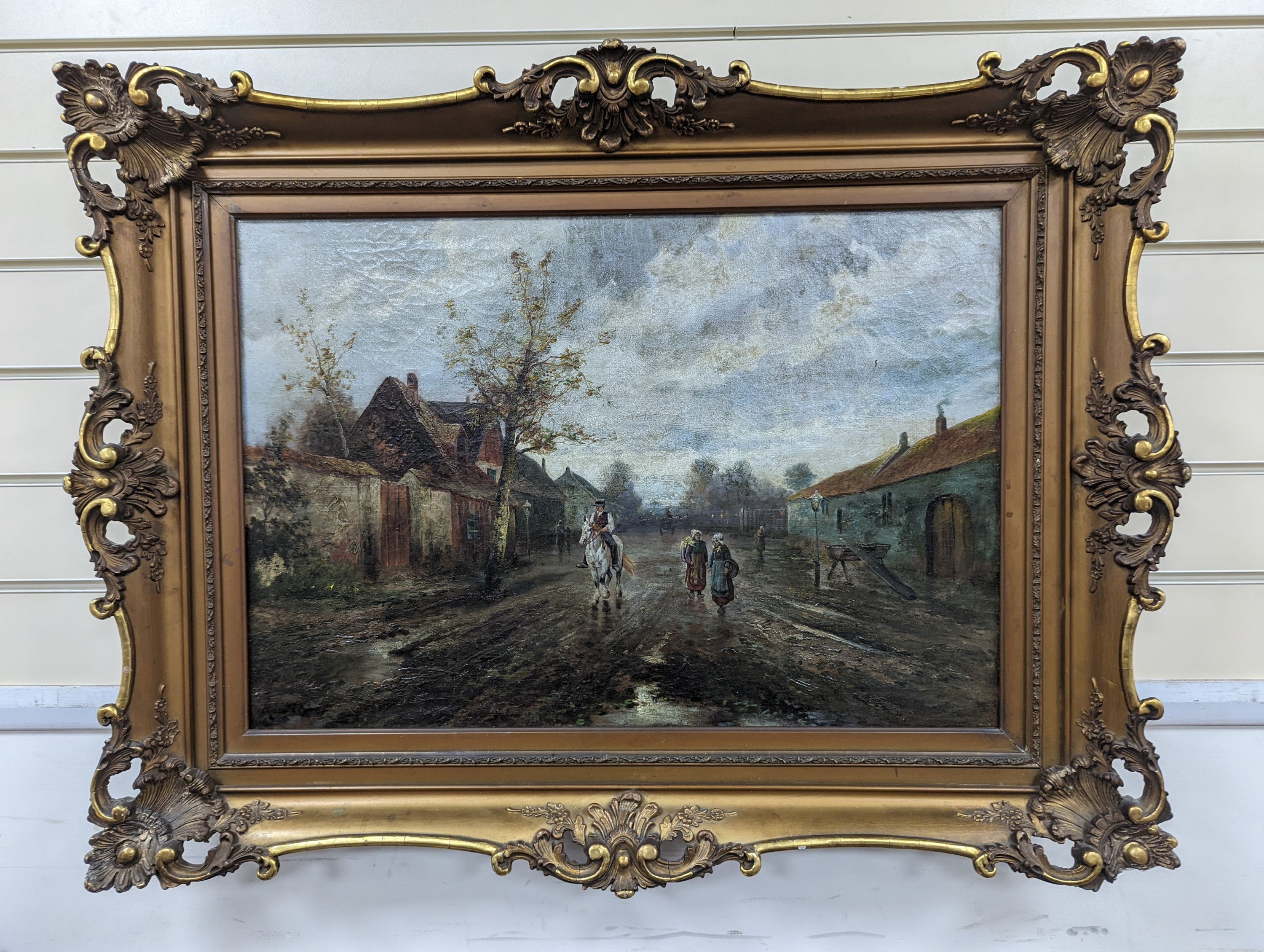 French School, early 20th century, oil on canvas, Figures on a country lane, indistinctly signed, 46 x 68cm